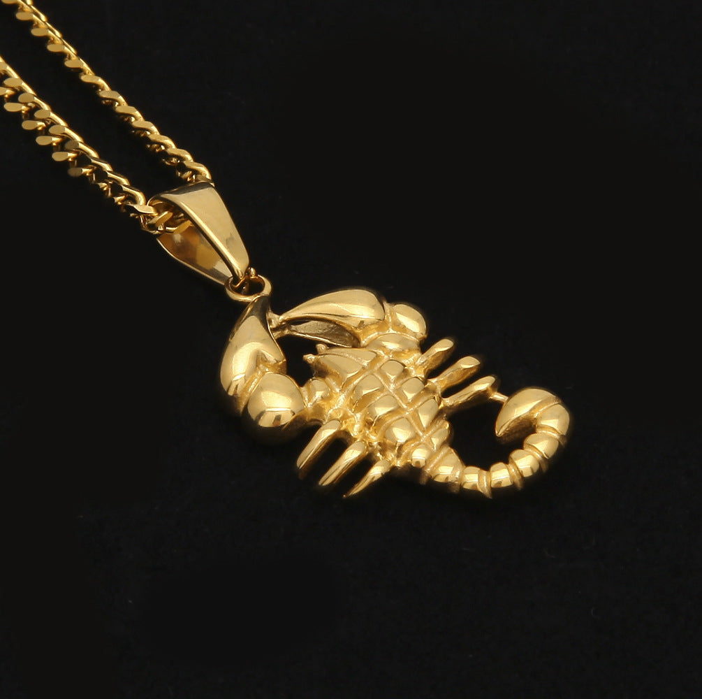 Gold Plated Stainless Steel Scorpion Pendant Necklace with 3mm Cuban Chain, Hip Hop Statement Animal Charm Necklace