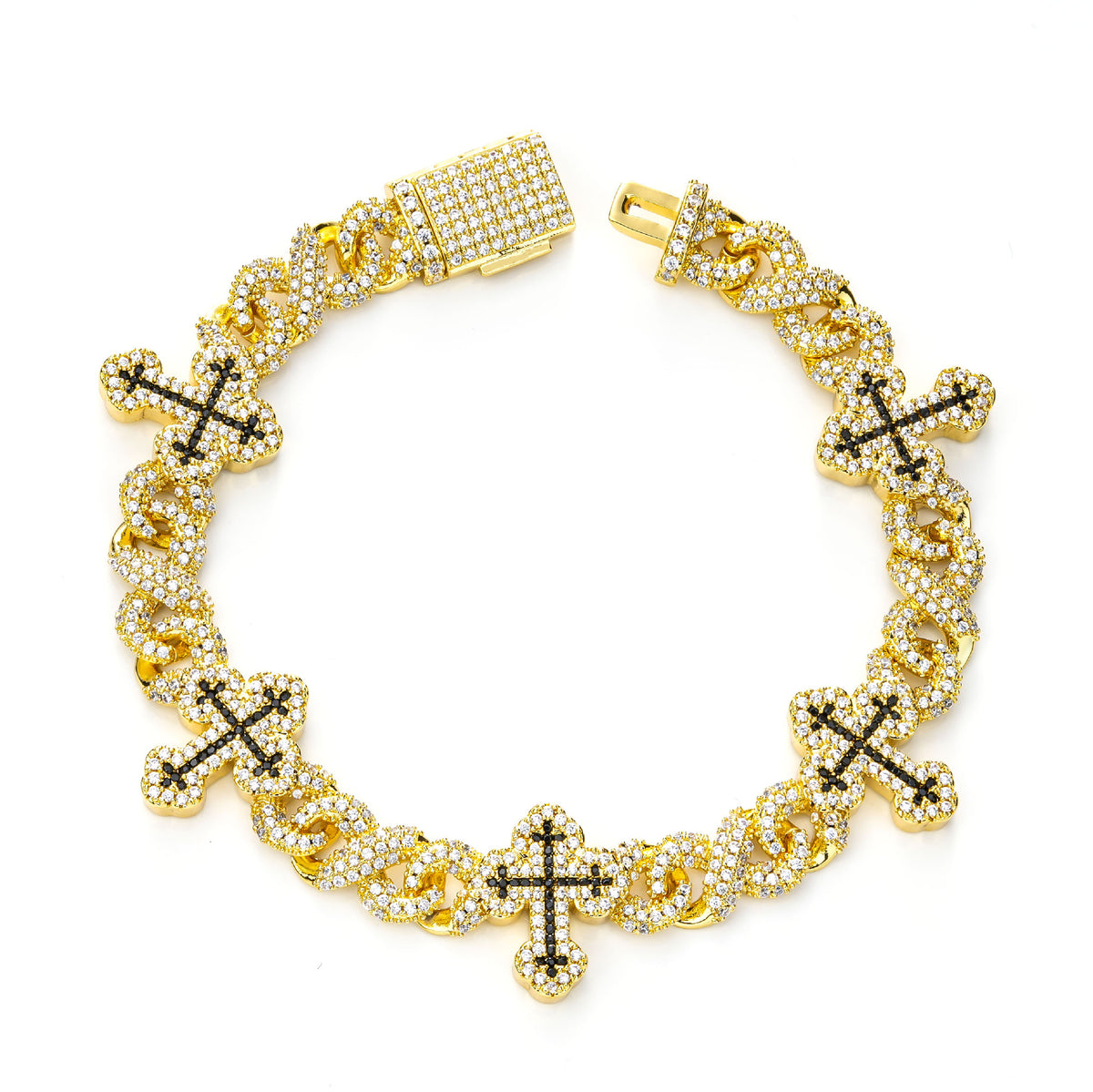Iced Out Cross Cuban Link Chain Necklace & Bracelet, Cubic Zirconia Hip Hop Jewelry product image