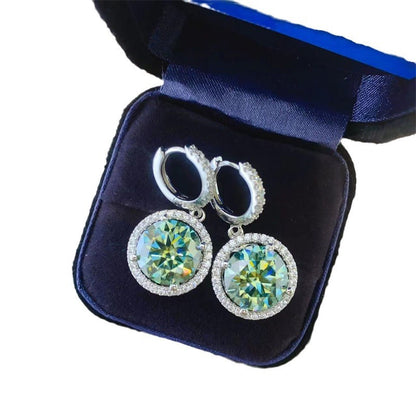Green Moissanite Halo Drop Hoop Earrings for Women, Round Dangle Earrings, Gift-Ready Dressy Daily Style