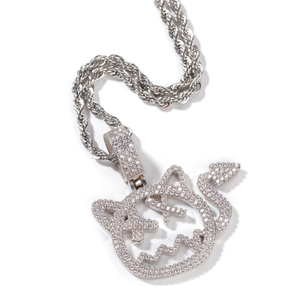 Cartoon Cat Cubic Zirconia Pendant Necklace for Women and Teen Girls – Gold or Silver Tone Hip Hop Statement Chain