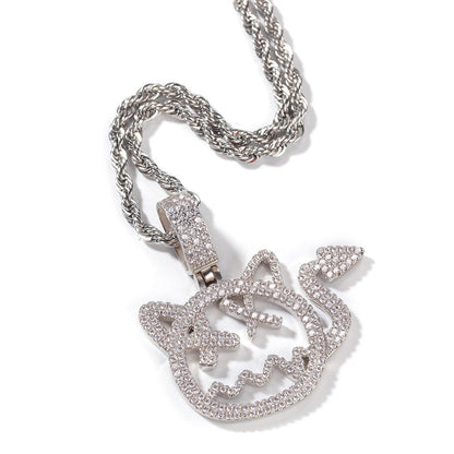 Cartoon Cat Cubic Zirconia Pendant Necklace for Women and Teen Girls – Gold or Silver Tone Hip Hop Statement Chain