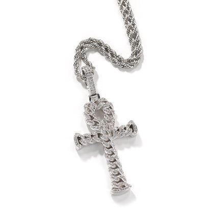 Iced Cross Pendant Necklace with Cubic Zirconia Twisted Chain, Gold Tone Statement Hip Hop Necklace