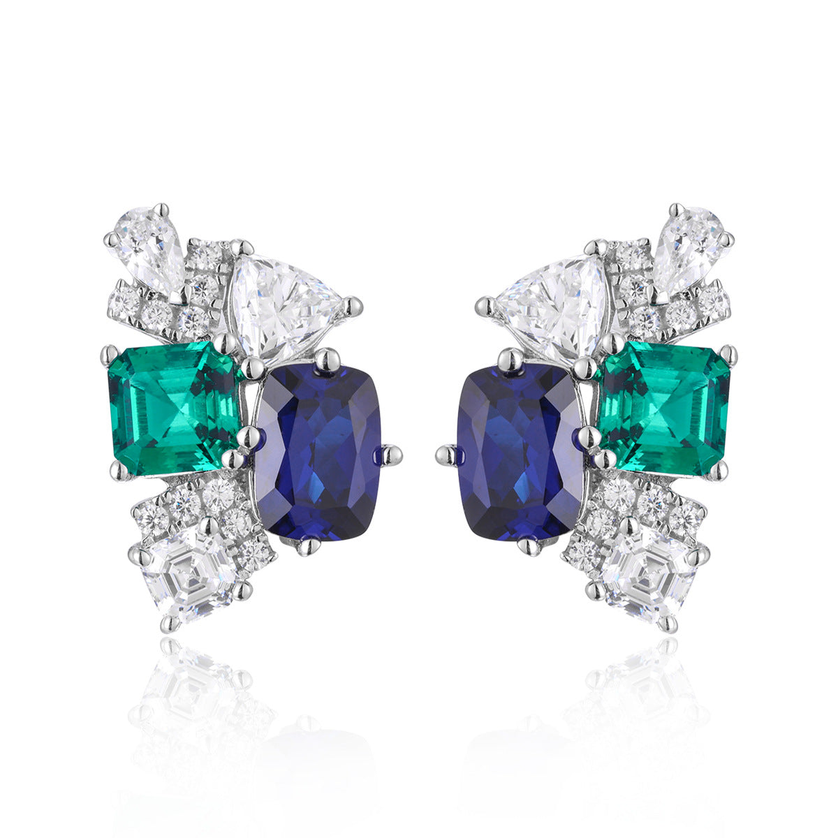 Green and Royal Blue Stone Stud Earrings for Women, S925 Silver, 18K Gold Plated product image