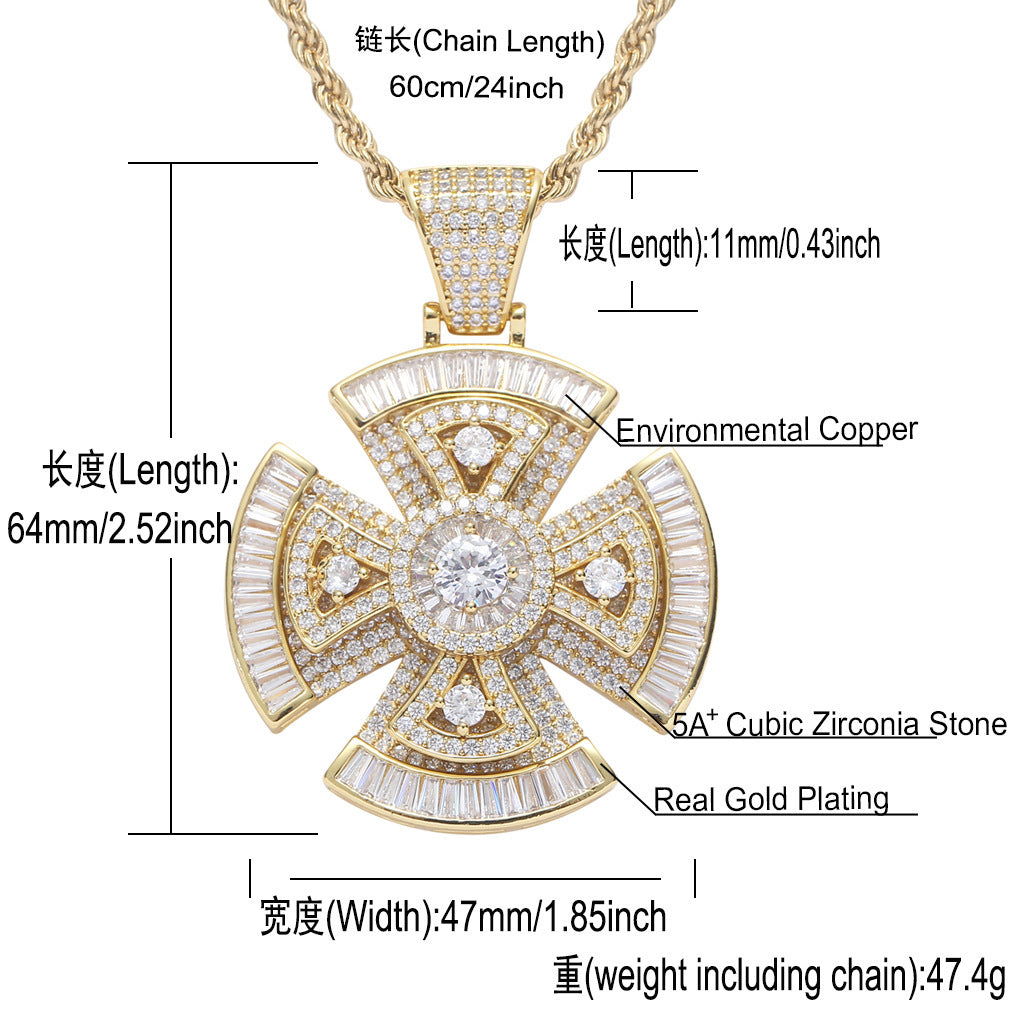 Hip Hop Light Luxury Cross Floral Geometric Copper Pendant Necklace for Men and Women
