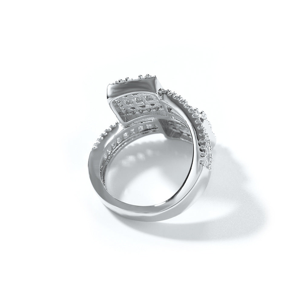 Unisex Square Halo Cubic Zirconia Ring in Gold or Silver Tone, Hip Hop Statement Band