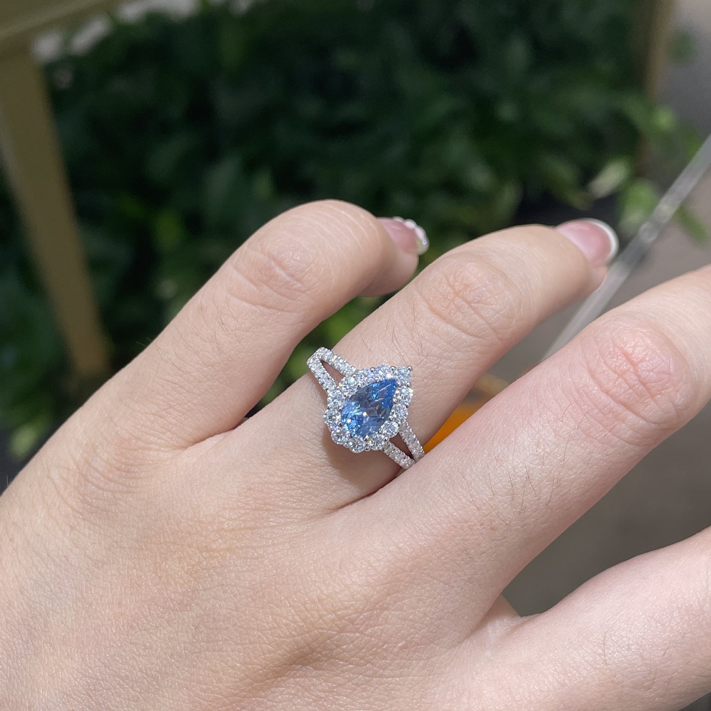 925 Silver Blue Teardrop Halo Ring for Women, Split Shank Promise Ring product image