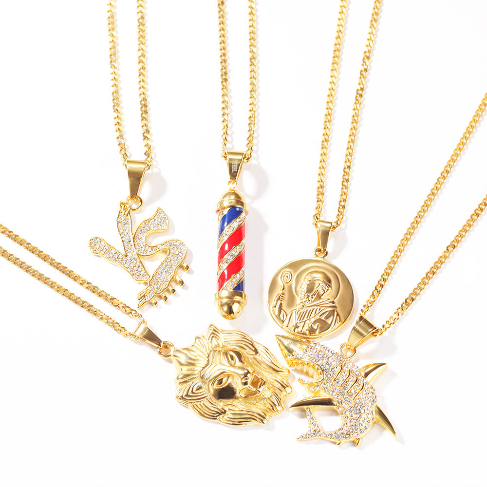 Iced Shark Pendant Necklace for Women and Men - Gold Tone Stainless Steel Cubic Zirconia Hip Hop Statement Chain