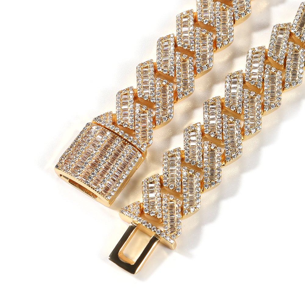 Iced Out Cuban Link Chain Necklace & Bracelet Set with Square Cubic Zirconia, Gold Plated Statement Hip Hop Jewelry for Women and Men