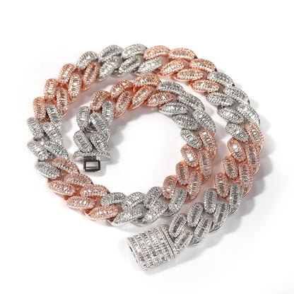 Iced Out Two-Tone Cuban Link Chain Necklace with Cubic Zirconia Pendant for Women and Men