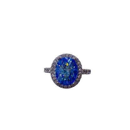 Blue Oval Moissanite Halo Ring for Women, 1 Carat to 5 Carat Engagement Style Ring