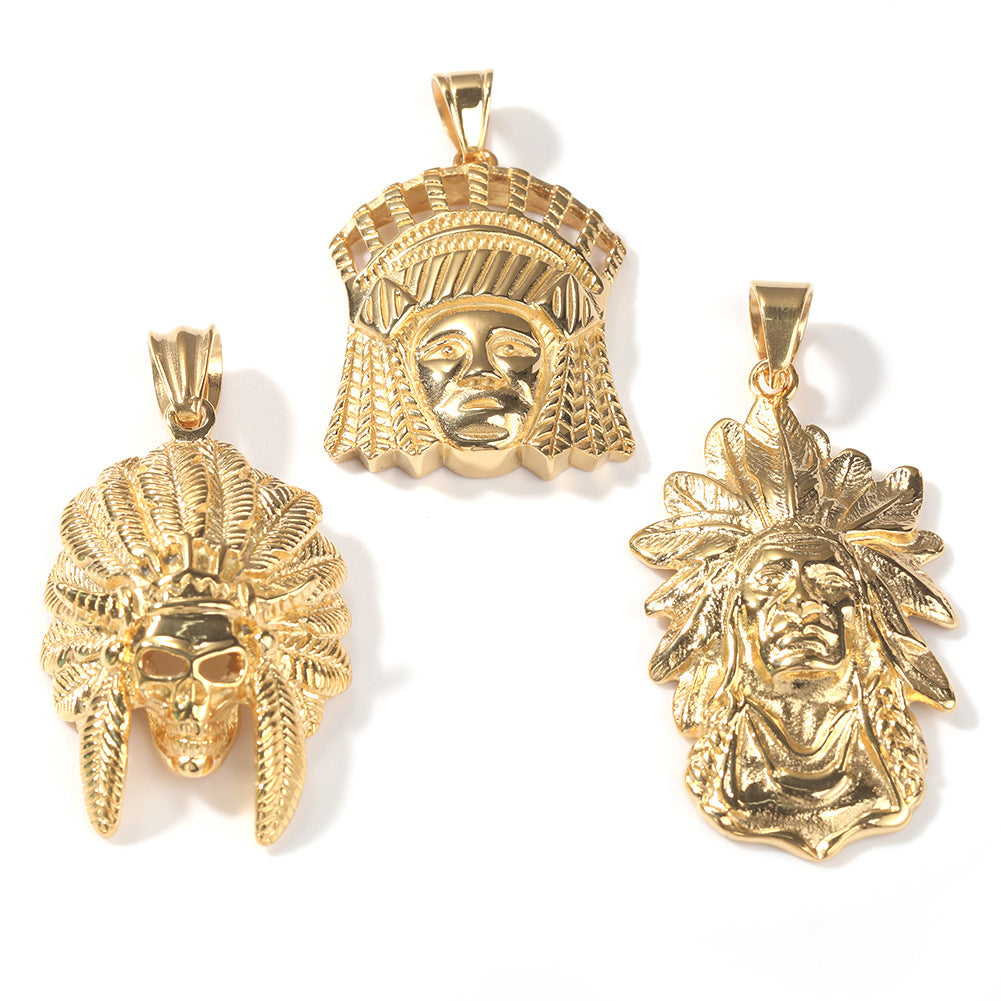 Stainless Steel Statement Pendant Necklace with Cuban Chain - Skull or Feather Headdress Charm in Gold Plated or Silver Tone