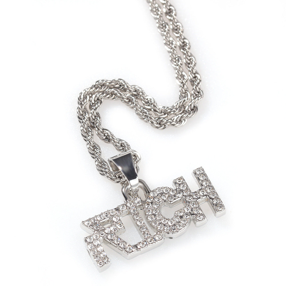Iced Letter Pendant Necklace for Women and Men - Gold Plated Statement Chain Necklace with English Word Charm