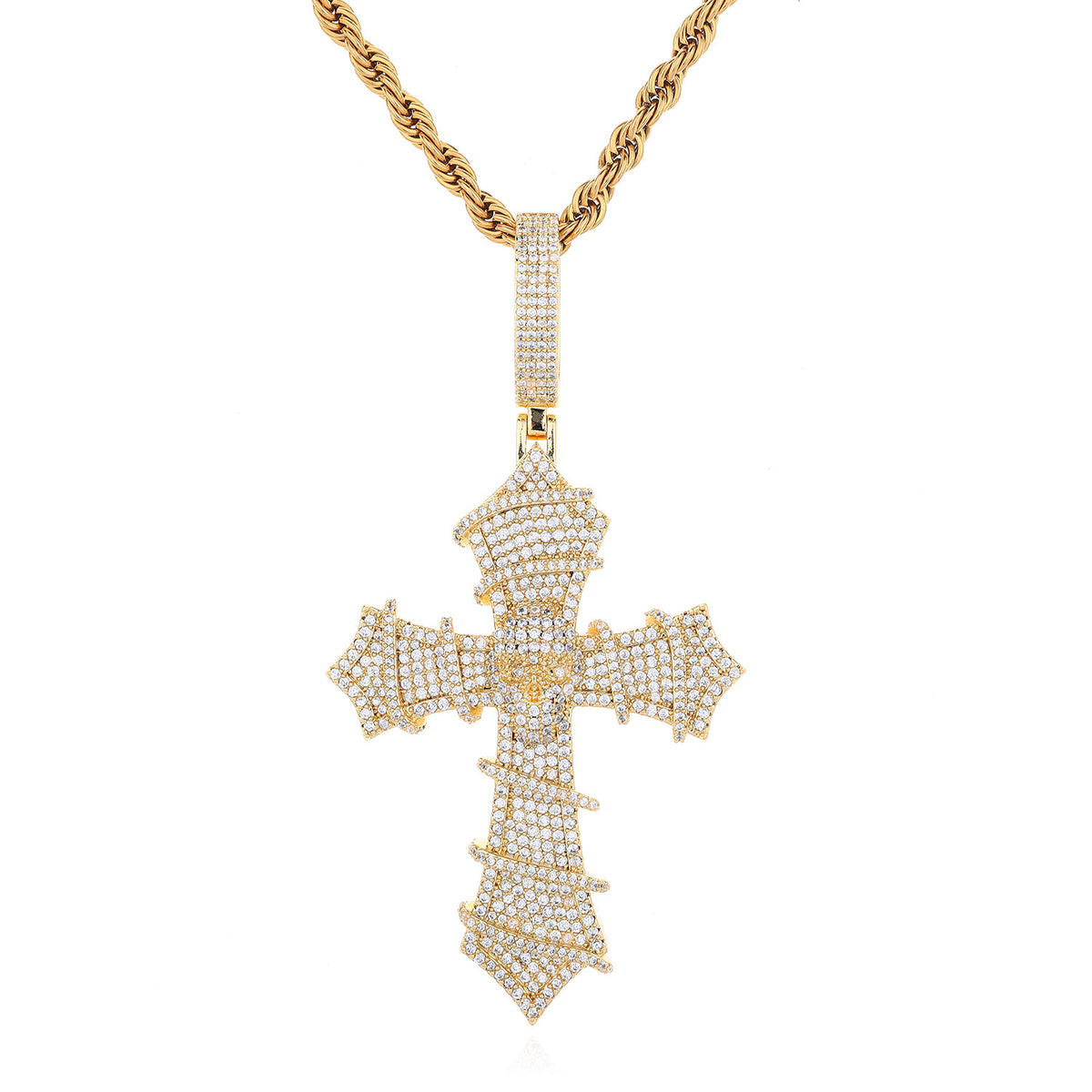 Iced Cross Pendant Necklace, Cubic Zirconia Rope Chain, Vintage Streetwear Jewelry product image