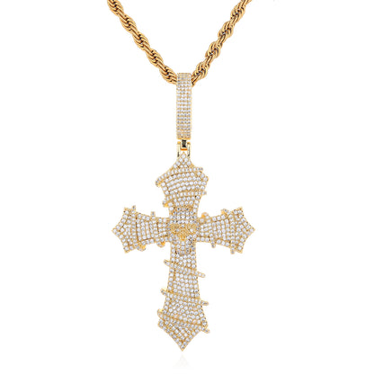 Iced Cross Pendant Necklace, Cubic Zirconia Rope Chain, Vintage Streetwear Jewelry