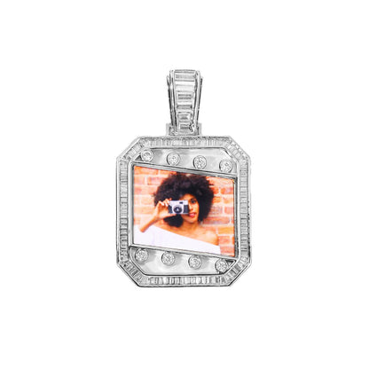 Iced Out Photo Frame Pendant Necklace with Rope Chain, Rectangular Cubic Zirconia Hip Hop Chain for Men