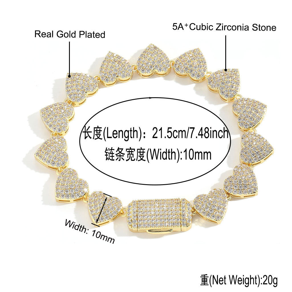 Hip Hop Heart Tennis Chain Cubic Zirconia Bracelet for Men
