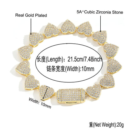 Hip Hop Heart Tennis Chain Cubic Zirconia Bracelet for Men