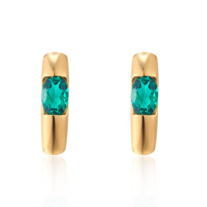 Classic Retro Green Oval Hoop Earrings, S925 Gold-Tone Lab-Grown Emerald