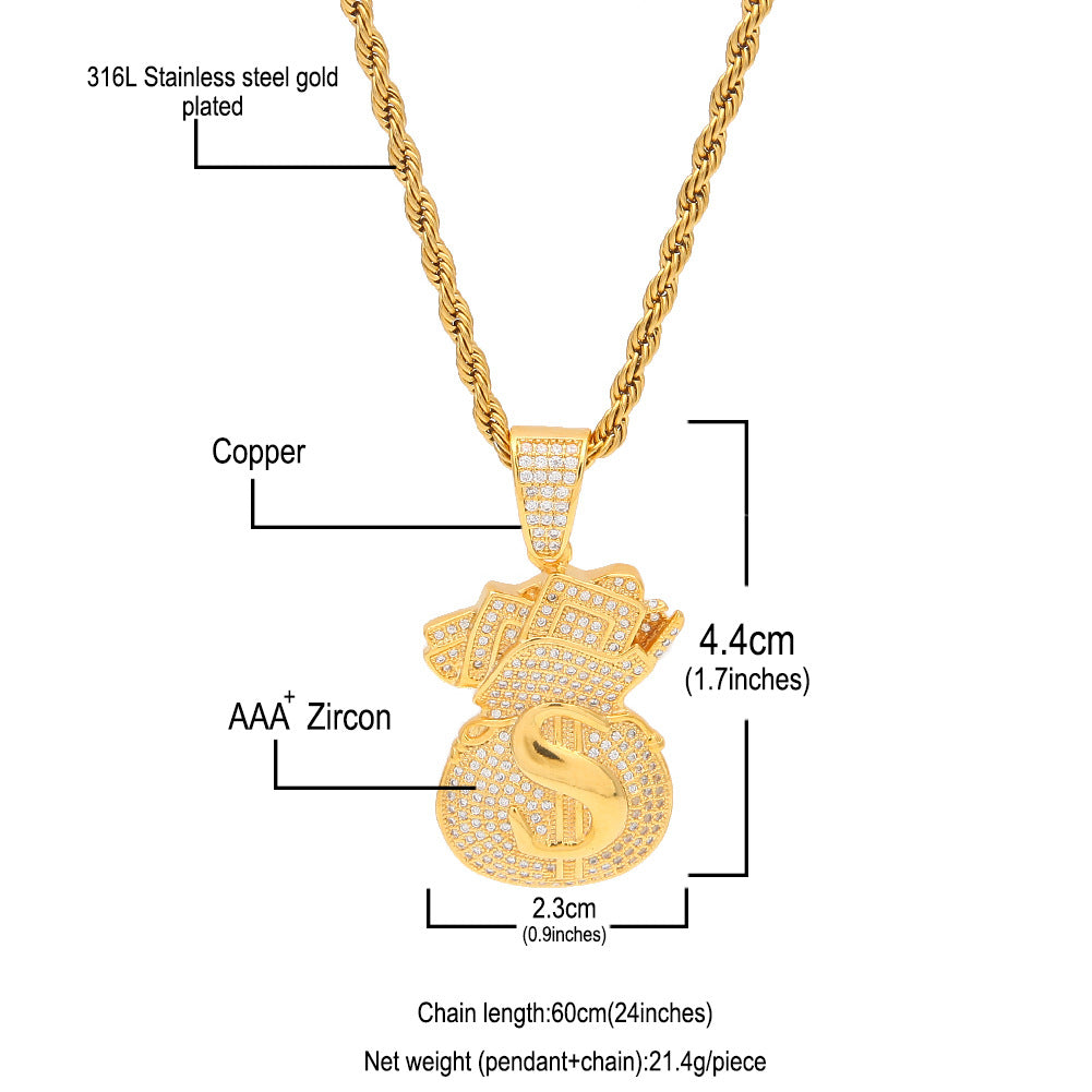 Gold Plated Money Bag Pendant Necklace with Cubic Zirconia on 24 Inch Twisted Stainless Steel Chain