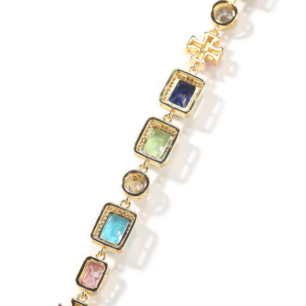Hip Hop Statement Bracelet and Necklace Set for Women & Men, Colorful Geometric Chain Jewelry in Gold Tone and Silver Tone