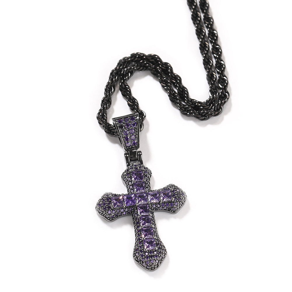 Iced Cross Pendant Necklace with Zircon Stone on Stainless Steel Twist Chain - Unisex Hip Hop Statement Jewelry product image