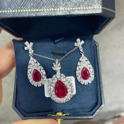 Red Teardrop Crystal Necklace and Earrings Set for Women, Evening Look