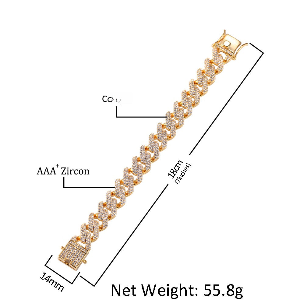 Iced Out Gold Plated Cuban Link Chain Necklace & Bracelet with Cubic Zirconia Statement Pendant-Style Design