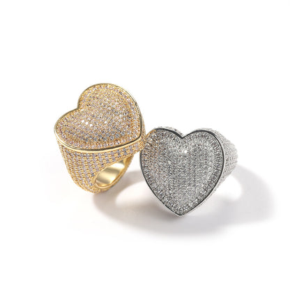 Unisex Heart Cubic Zirconia Statement Ring in Gold or Silver Tone