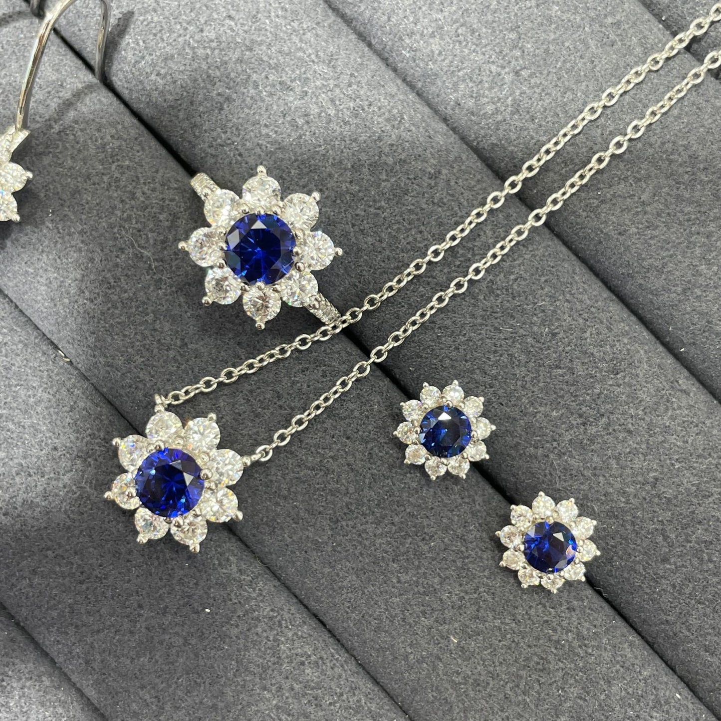 Blue Flower Jewelry Set with Sapphire-Look Stone, Floral Earrings Necklace Ring product image