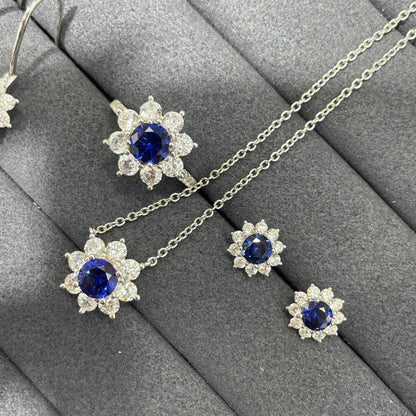 Blue Flower Jewelry Set with Sapphire-Look Stone, Floral Earrings Necklace Ring