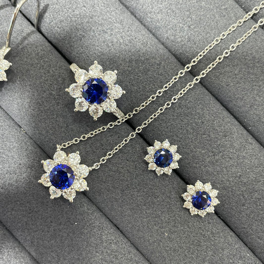 Blue Flower Jewelry Set with Sapphire-Look Stone, Floral Earrings Necklace Ring product image
