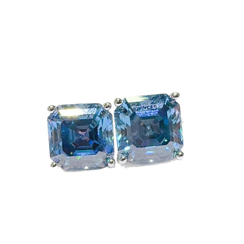 Blue Asscher Cut Moissanite Stud Earrings for Women, Geometric Silver Ear Studs, Dressy Daily Earrings product image
