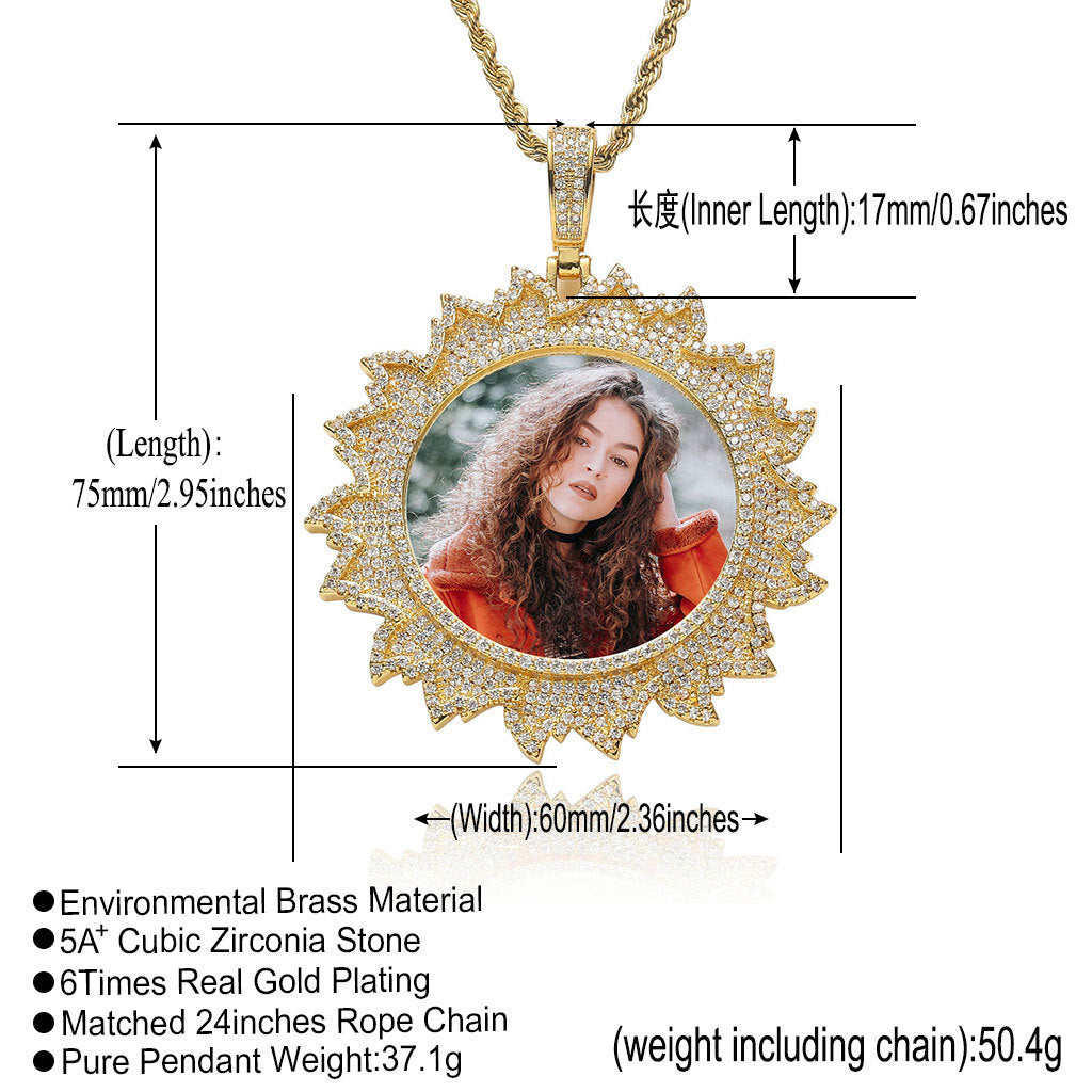Hip Hop Floral Round Photo Copper Pendant Necklace for Men and Women