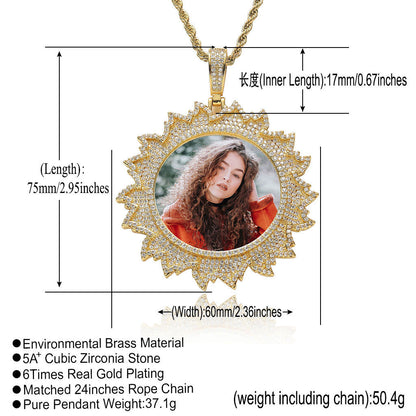 Hip Hop Floral Round Photo Copper Pendant Necklace for Men and Women