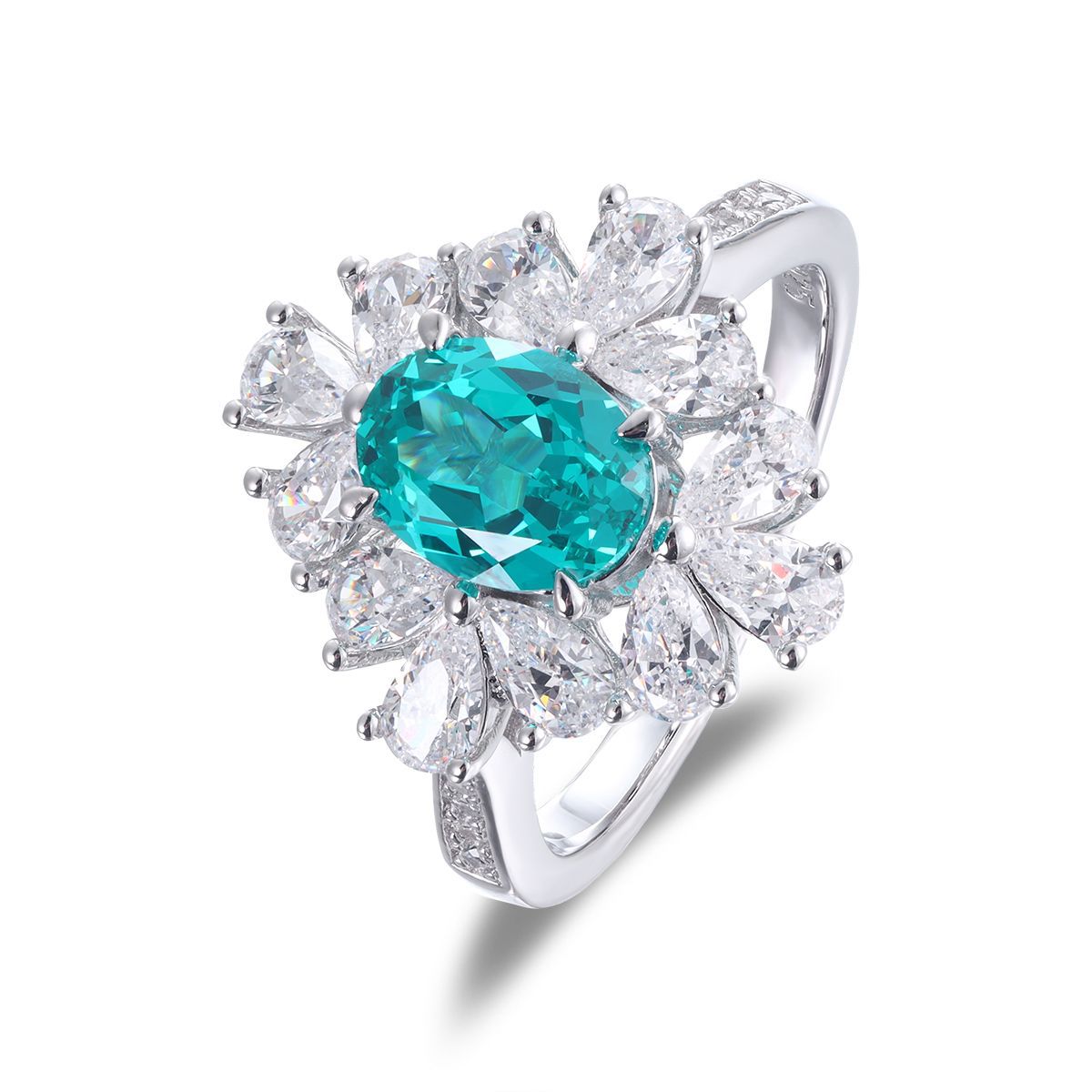 Green Oval Halo Wedding Ring for Women, S925 Silver Gold-Plated Paraiba-Style Ring product image