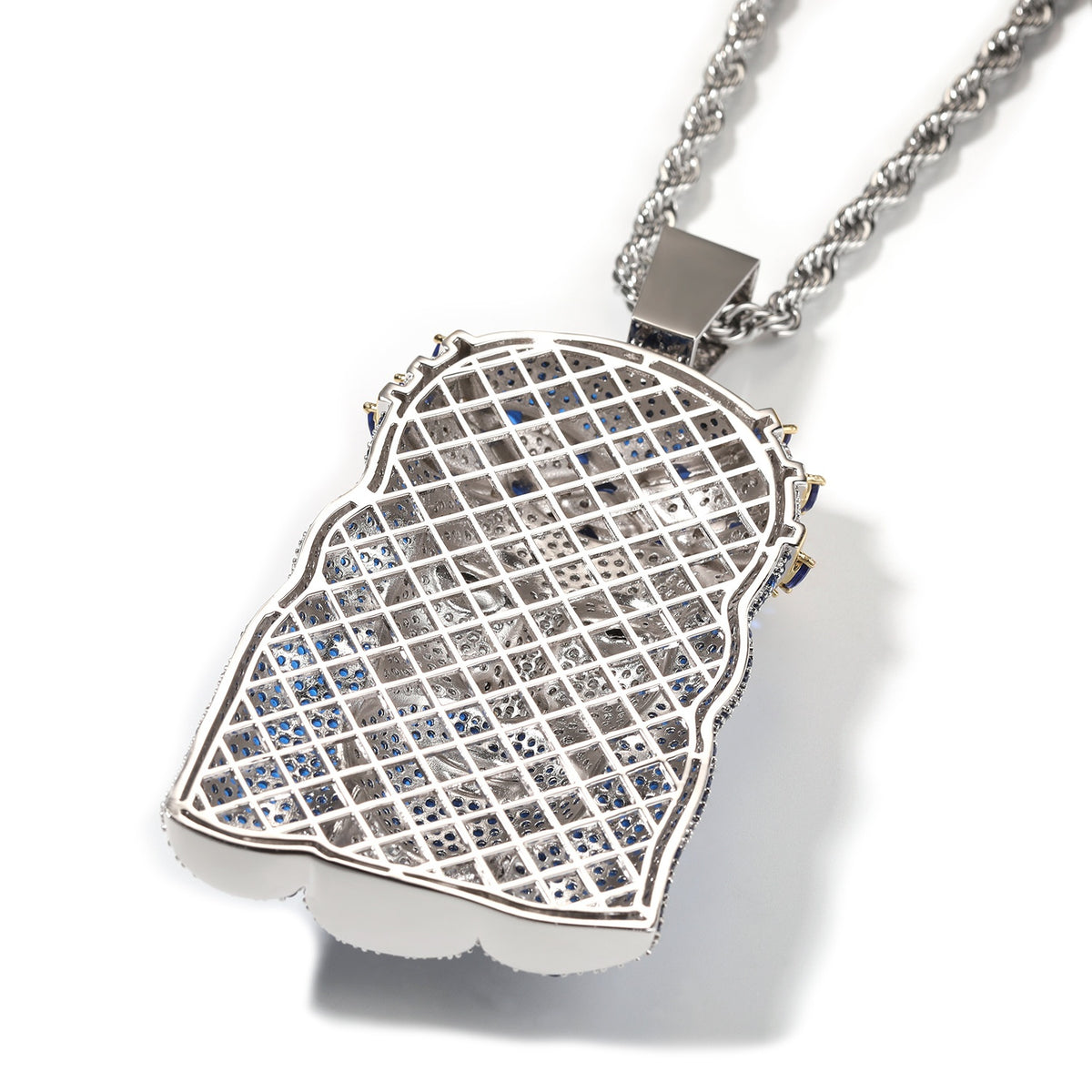 Iced Out Blue Cubic Zirconia Jesus Face Pendant Necklace with 24 Inch 3mm Twist Chain product image