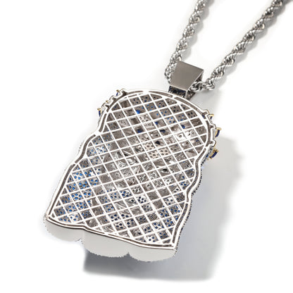 Iced Out Blue Cubic Zirconia Jesus Face Pendant Necklace with 24 Inch 3mm Twist Chain
