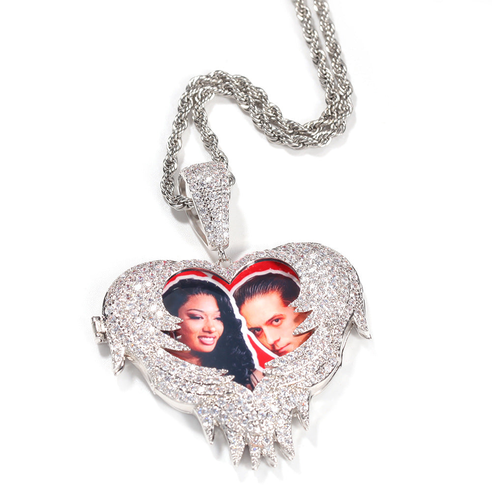 Custom Heart Photo Pendant Necklace with Cubic Zirconia Iced Out Twisted Chain for Women