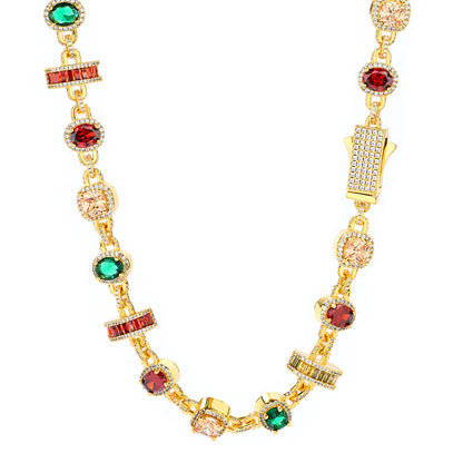 Multicolor Round Halo CZ Link Hip Hop Necklace with Copper Base - CHA344