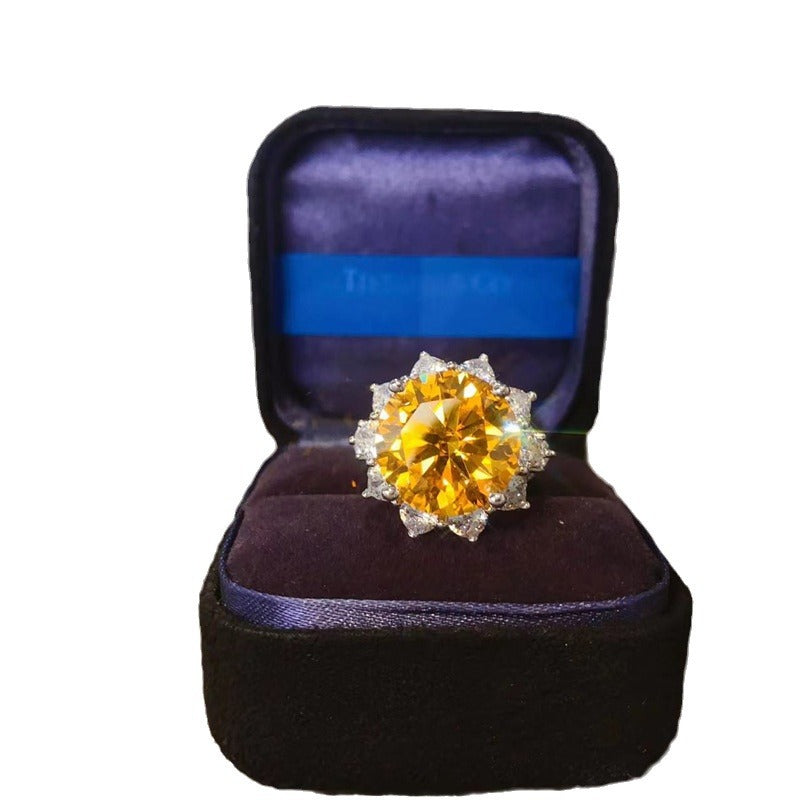 Yellow Moissanite Halo Ring for Women, Geometric U-Shape Statement Ring, Available in 3 Carat and 10 Carat, Sizes 9-19 product image
