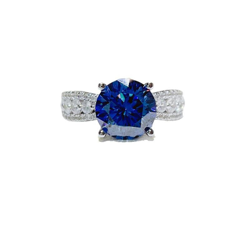 Blue Moissanite Ring for Women, Round Halo-Style Engagement Ring, 2 Carat or 3 Carat Pavé Band product image