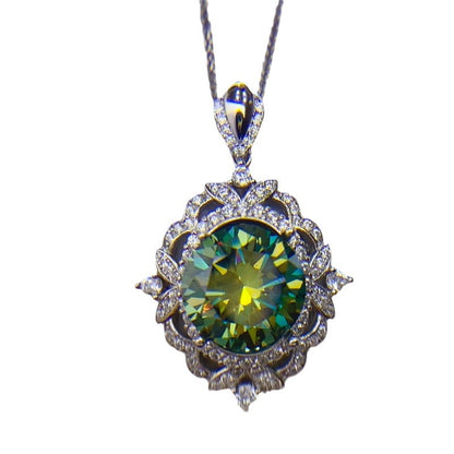 5-Carat Green Moissanite Pendant Necklace with Floral Halo Chain