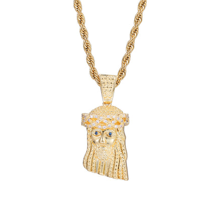 Iced Out Jesus Pendant Necklace for Men - Gold Tone Rope Chain Cuban Link Style Hip Hop Jewelry