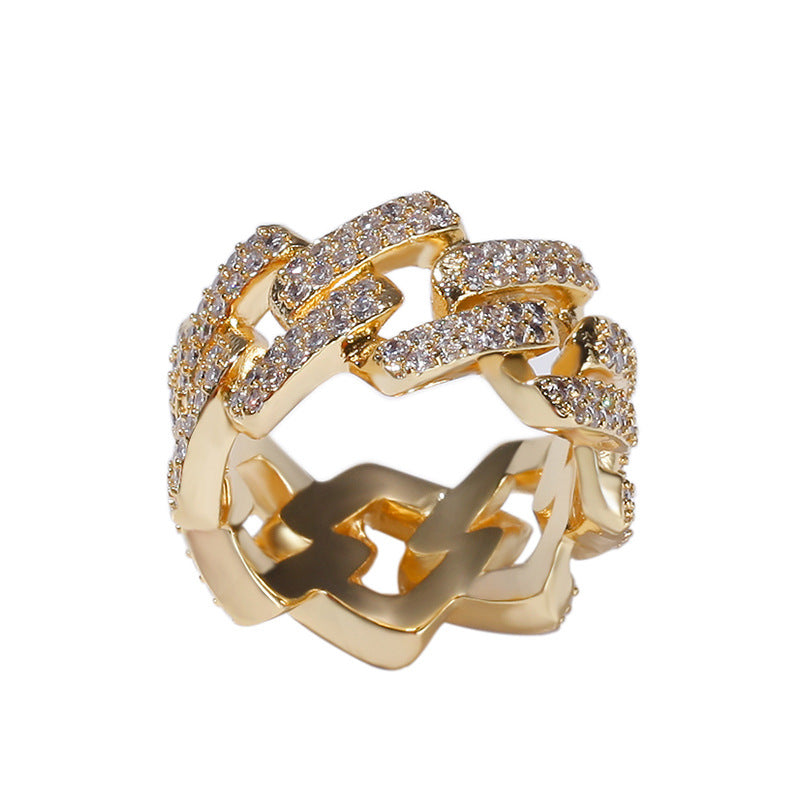 Unisex Irregular Cuban Link Ring with Cubic Zirconia – Gold & Silver Statement Hip Hop Ring
