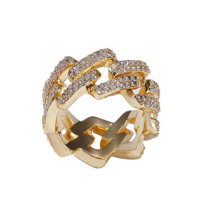 Unisex Irregular Cuban Link Ring with Cubic Zirconia – Gold & Silver Statement Hip Hop Ring