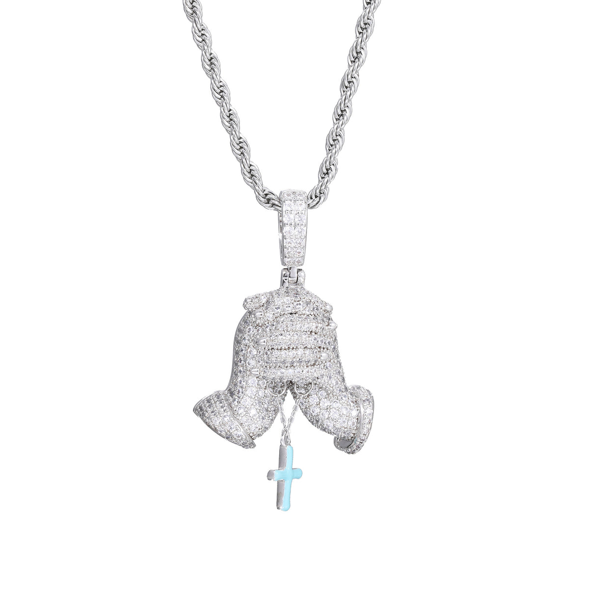 Iced Out Praying Hands Cross Pendant Necklace in White Tone with Cubic Zirconia product image