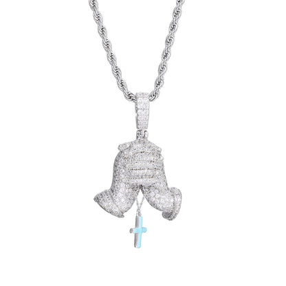 Iced Out Praying Hands Cross Pendant Necklace in White Tone with Cubic Zirconia
