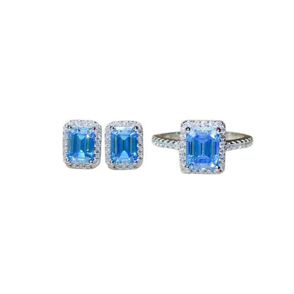 Blue Emerald-Cut Moissanite Ring and Stud Earrings Set, Halo Jewelry Set for Women