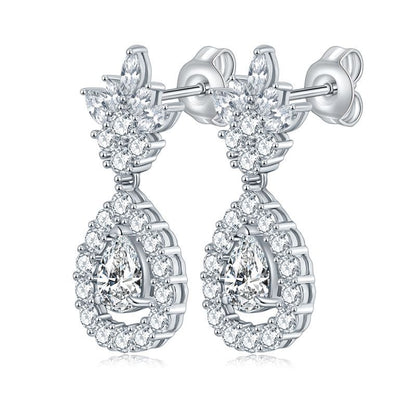 Moissanite Drop Earrings for Women, Pear Floral Stud Dangle Earrings, S925 Silver 18K Gold Plated