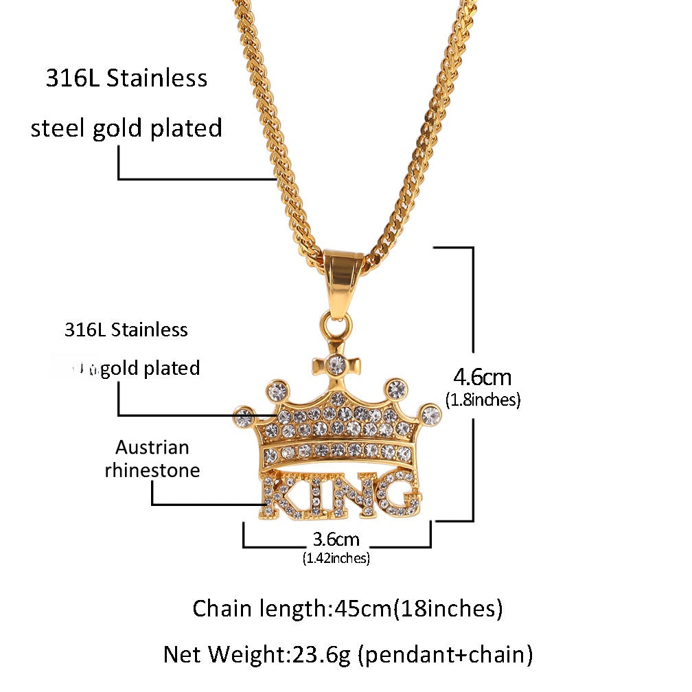 King Crown Letter Pendant Necklace for Men & Women – Gold Plated or Silver Plated Stainless Steel Chain Necklace with Cubic Zirconia